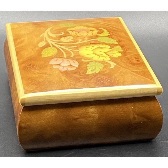 Burl Wood Laquered Trinket Box Floral Pink Yellow Flowers Velvet Hinged Lid - Picture 2 of 16